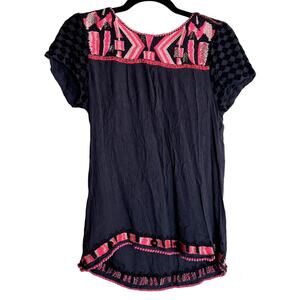 HD In Paris Blouse Top Women 10 Grey Boho Cottagecore Prairie Pleated Embroidery